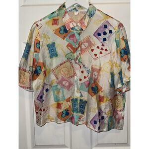 Autres Filles Women’s Button Down Blouse Card Print Ace Size XL Rayon Colorful